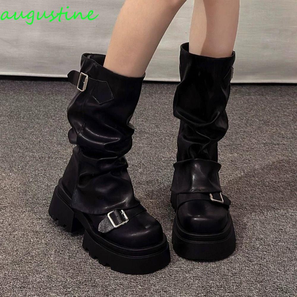 AUGUSTINE ผู้หญิง Biker รองเท้า, Harajuku ออกแบบใหม่ผู้หญิงเข่าสูง Booties, แฟชั่นแพลตฟอร์ม Street ส