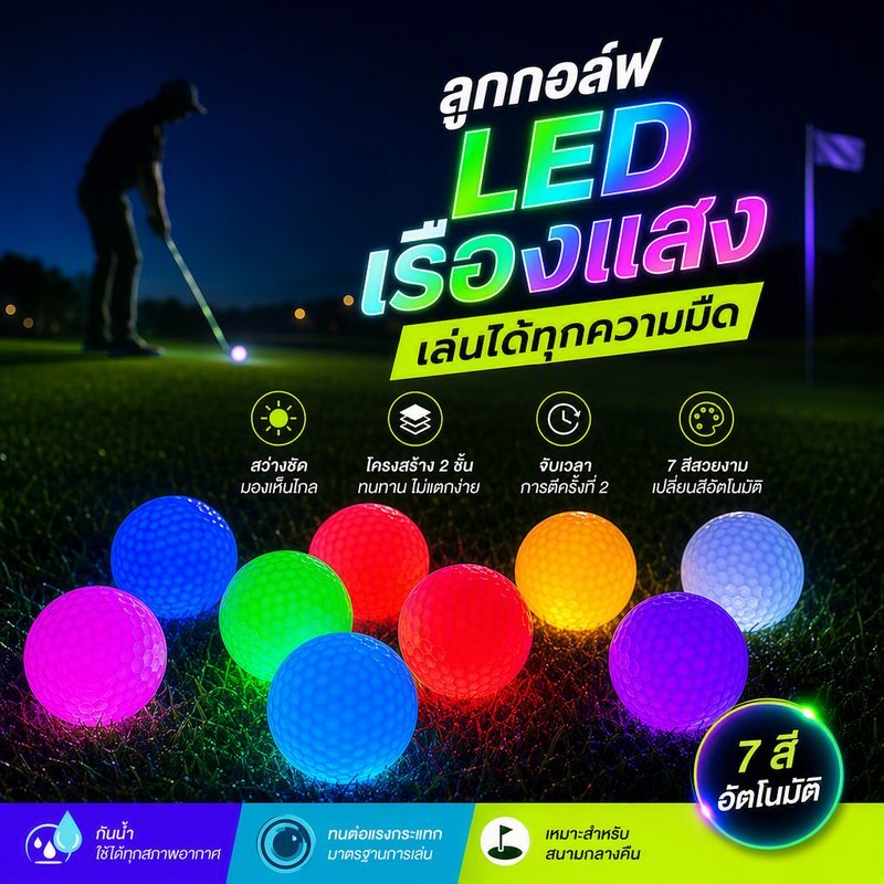 ลูกกอล์ฟเรืองแสง LED มาตรฐาน ใช้ได้ตอนกลางคืน 45g เล่นในร่ม กลางแจ้ง