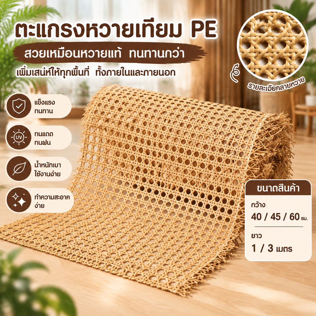 แผ่นหวายเทียม PE ลายพิกุล กว้าง40/45/60cm ตัดอิสระ ยาวสูงสุด3เมตร ทนทาน เป็นมิตรต่อสิ่งแวดล้อม DIY ตกแต่งบ้าน