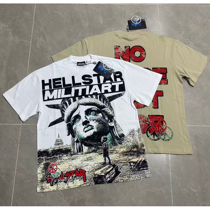 Hellstar High Street เสื้อยืดแขนสั้นสำหรับผู้ชายและผู้หญิง ออกแบบลายพิมพ์ Liberty สไตล์ลำลอง