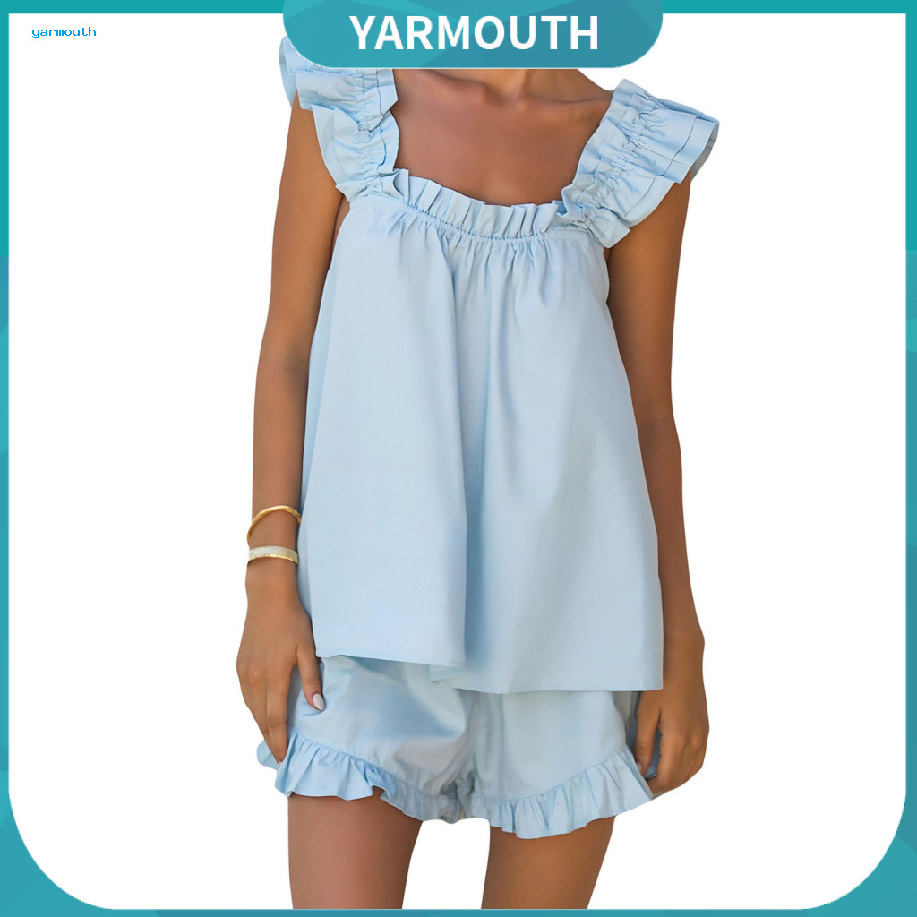 YYR_ ผู้หญิงกางเกงขาสั้นสบายๆชุดนอนสตรีชุดนอนฤดูร้อนแขนกุด Cami Loungewear ชุด Ruffle Trim Tank Top และกางเกงขาสั้นชุดนอนสตรีชุดสําหรับชุดนอนสบาย
