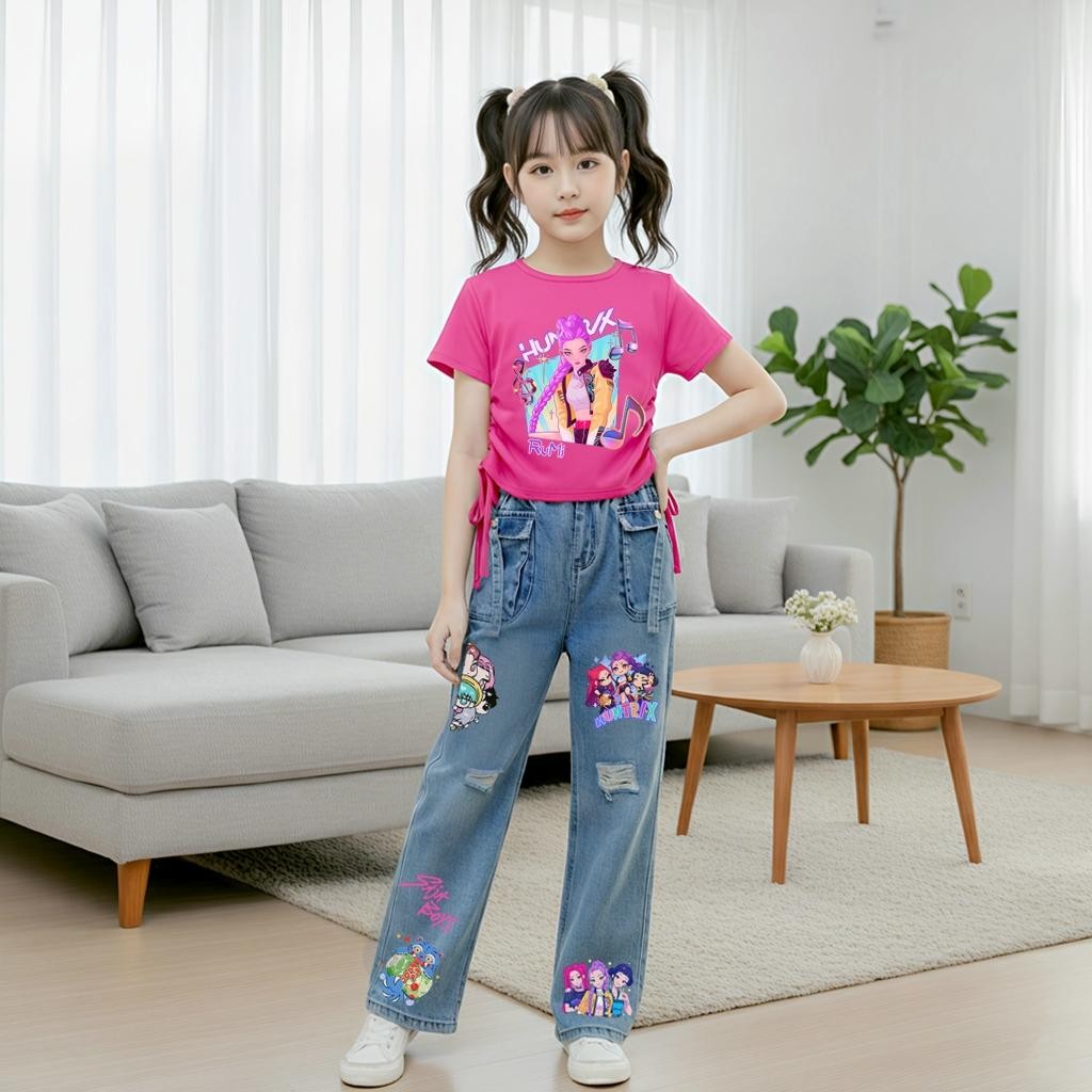 NEWชุดเซ็ทเด็กลายสุดฮิตSoda pop กางเกงยีนส์แท้ทรงคาร์โก้+เสื้อผูกโบว์ข้าง