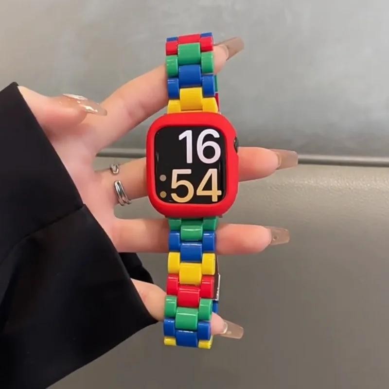 ลูกอม LEGOStyle สายเรซิ่น + เคสซิลิโคนน่ารัก สําหรับ Apple Watch 38/40/41/42/44/45/46/49 มม. รองรับ Series 11/10/9/8/7/6/5/4/3/2/1 SE