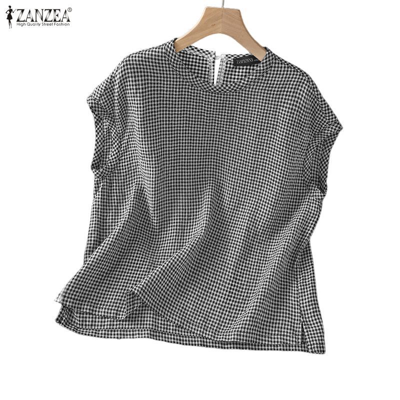 ZANZEA ซานเซีย เสื้อเบลาส์ทรงหลวมลายสก๊อตแขนกุดคอกลมลําลองเกาหลีสําหรับผู้หญิง