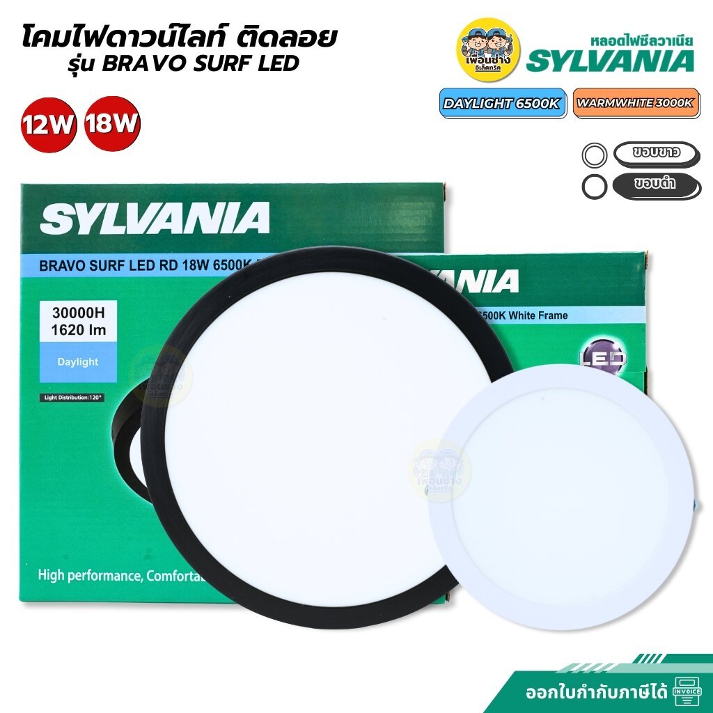 SYLVANIA ดาวน์ไลท์ติดลอย รุ่น BRAVO SURF LED 12W 18W แสงขาว แสงวอร์ม ขอบขาว ขอบดำ โคมไฟทรงกลม