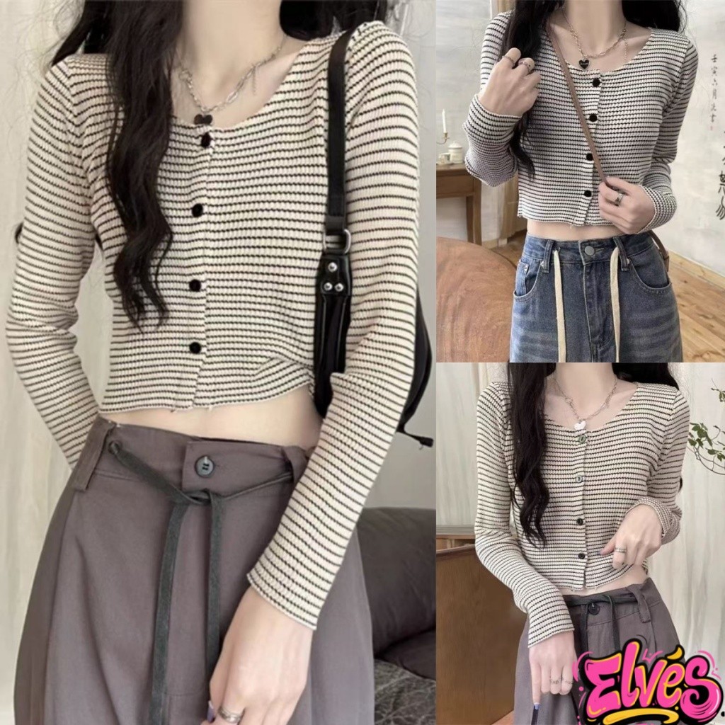 Elves✨พร้อมส่ง✨ เสื้อไหมพรมแขนยาว คอวีลายทางน่ารักเกาหลีมาก ~68106~ -C
