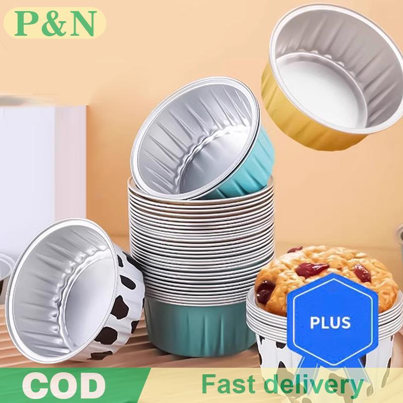 [P&N] 10/20/50 ชิ้นถ้วยอบกลมฟอยล์ดีบุกฝาปิด Wih ถ้วยคัพเค้กแบบใช้ซ้ําได้ขนม Flans กระทะเค้กขนมปัง Mould Custard เครื่องมือห้องครัว [cod]