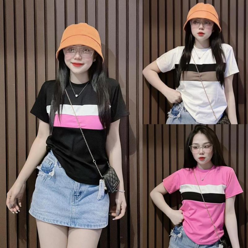 เสื้อยืดน้ำหนักเบาสำหรับผู้หญิง แขนสั้น คอกลม ลายทางด้านหน้า