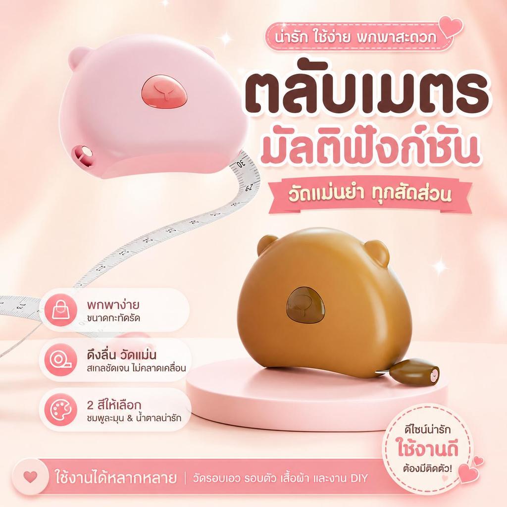[พร้อมส่ง] สายวัดสัดส่วนอัตโนมัติ ตลับเมตรมินิ ลายหมีน่ารัก กดเด้งกลับอัตโนมัติ พกพาสะดวก วัดตัวแม่นยำ มี 3 สี