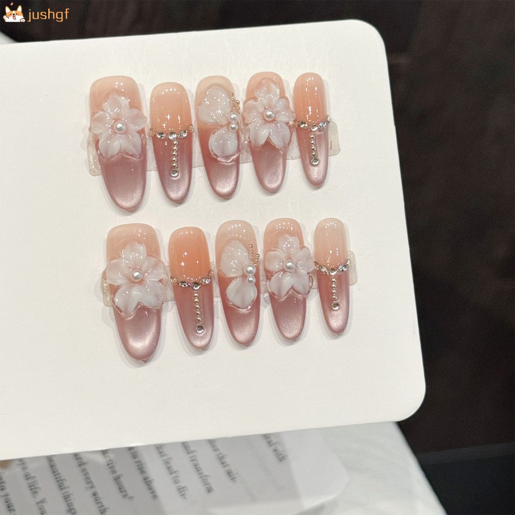 10ชิ้นยาวรูปไข่เล็บปลอมกับแมวสีชมพูตาเคล็ดลับและ พลอยเทียม ตกแต่งสวมใส่สบายสําหรับงานปาร์ตี้งานแต่งงาน