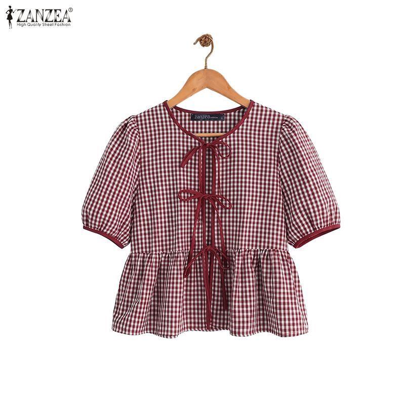 ZANZEA ผู้หญิงเกาหลี Retro Girlish รอบคอพัฟแขน Tie Bows Ruffles Hem Checkered A-Line เสื้อเบลาส์ — صورة 7