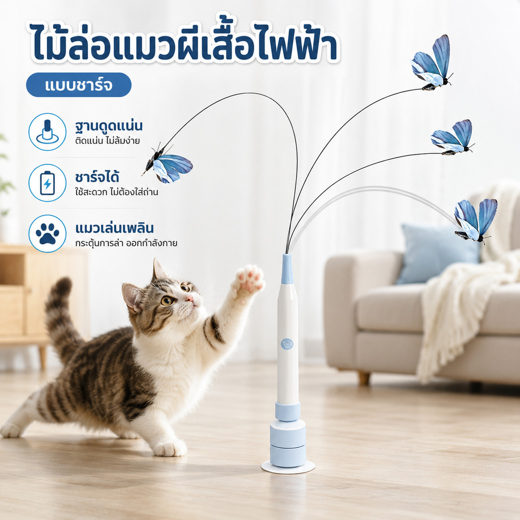 พร้อมส่ง! ไม้ตกแมวอัตโนมัติ ฐานดูดหมุน 360° พร้อมผีเสื้อเลียนแบบ ชาร์จไฟ Type-C กระตุ้นการล่า แมวเล่นเพลิน