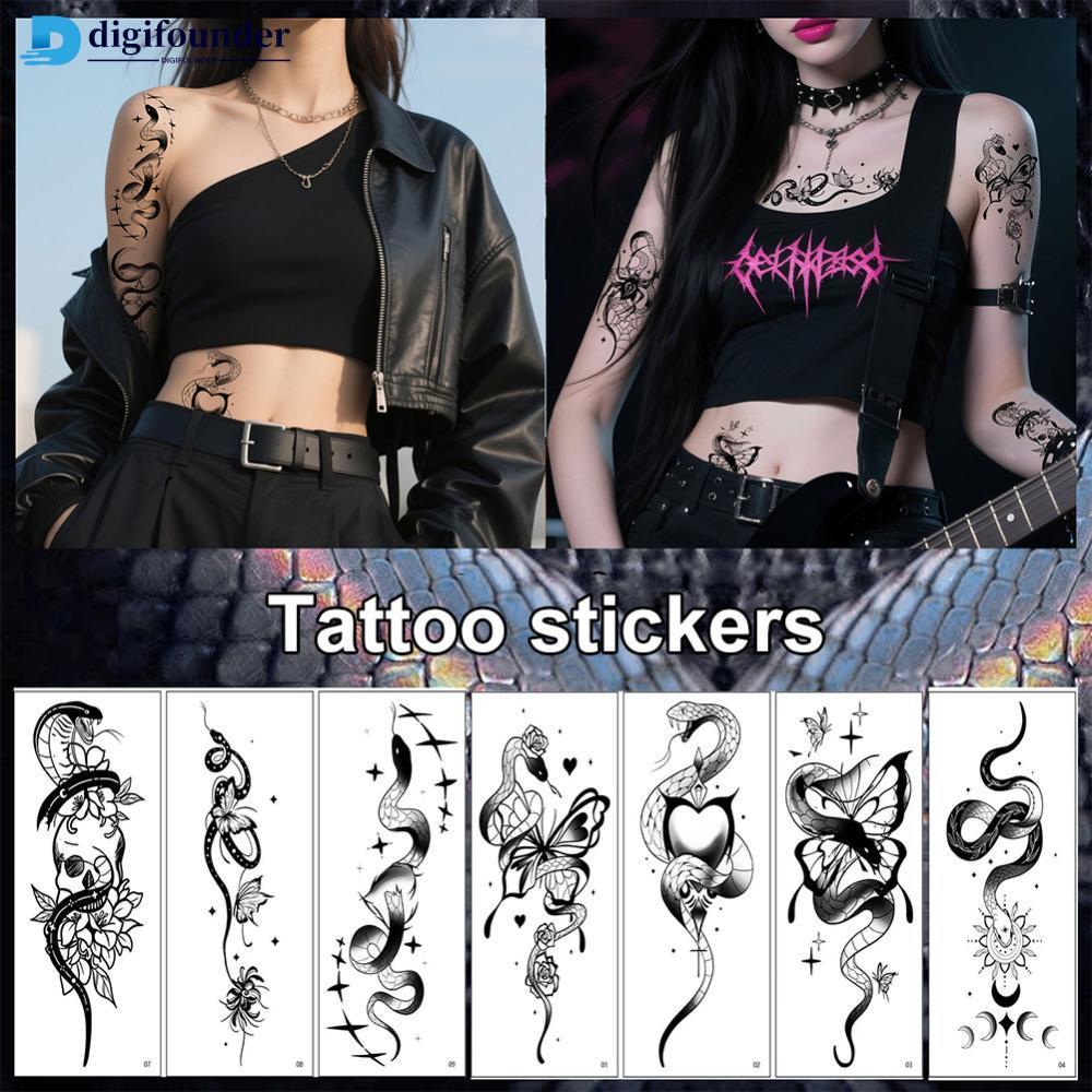 DIGIFOUNDER Dark Snake Butterfly รอยสักชั่วคราวสมจริง Skull Sleeve Body Art สติกเกอร์กันน้ํา 3-5 วัน