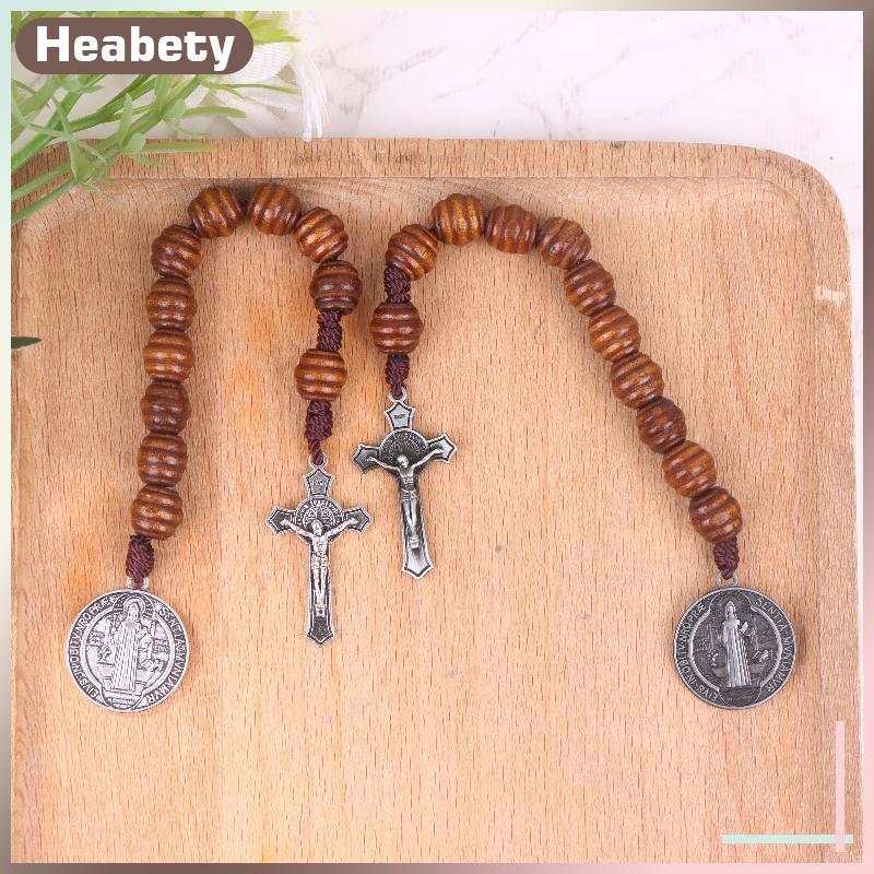 [ Heabety] Saint Benedict Medal Pet ประคําลูกปัดไม้สีน้ําตาลพร้อมเหรียญ Saint Benedict และ Crucifix 