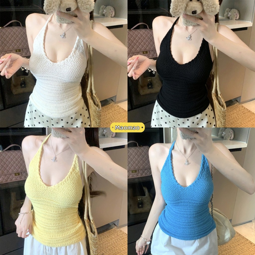 Maomao พร้อมส่ง เสื้อสายคอห้อยถักรูพรุนคอวี ทรงรัดเอวสี่สี ผ้าใส่สบาย -Y9387