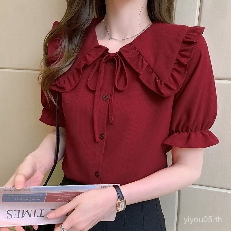 สินค้าใหม่เสื้อผู้หญิงแขนสั้นบางคอตุ๊กตาเก๋ด้านบน2025ฤดูร้อนสไตล์ใหม่น่าระทึกใจโบว์เสื้อชีฟอง WPF2