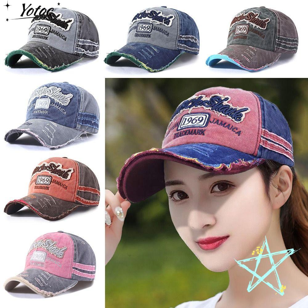 YOTOC Distressed Faded Cap แฟชั่น WASHED DENIM หมวกกันแดดแบบปรับได้