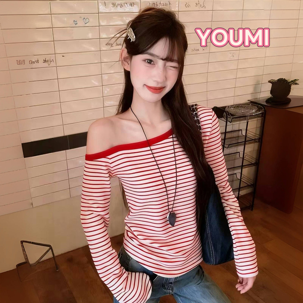 ส่งไวจากไทย 2สี เสื้อยืดแขนยาวปาดไหล่ลายทางสีตัดกัน เสื้อครอปรัดรูปสุดฮอตหวานแหวว YOUMI