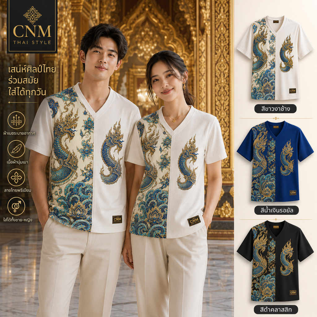 เสื้อยืดพื้นเมืองประยุกต์ CNM สำหรับชายหญิง ลายพญานาคเหนือคลื่นสีน้ำเงินทอง คอวีแขนสั้น ผ้านุ่มเบาระบายอากาศ ใส่คู่