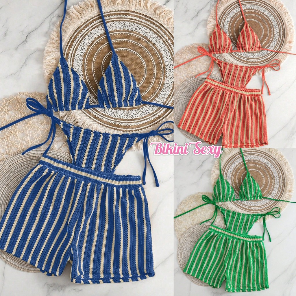 Bikini Sexy💦💦ลายเส้น ชุดว่ายน้ำ ชุด 3 ชิ้น สไตล์เกาหลี bikini ดีไซน์แบบไม่มีหลัง ปลอบโยน ระบายอากาศได้ดี ส่งไวจากไทย