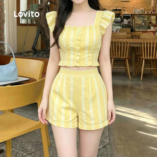 (New Arrival) Lovito เสื้อหรือกางเกงสไตล์หรูหรา ขอบระบายลูกไม้ สีเหลืองสดใส ชุดสูทฤดูร้อนสําหรับผู้หญิง เกาหลี อินเทรนด์ LK7AD248