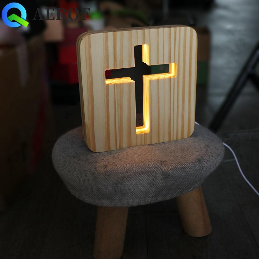 AEROF LED ไม้ Cross Night Light, 3D ไม้ Christianity Crucifix งานฝีมือ, ไม้เรืองแสง jesu cross ความแปลกใหม่ USB โคมไฟตั้งโต๊ะร้านกาแฟตกแต่ง