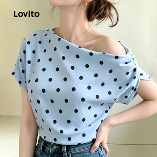 (New Arrival) Lovito เสื้อเบลาส์ผู้หญิง ดีไซน์หรูหรา แบบไม่สมมาตร ดีไซน์ไหล่เปิด เหมาะสําหรับฤดูใบไม้ผลิและฤดูร้อน L199ED401