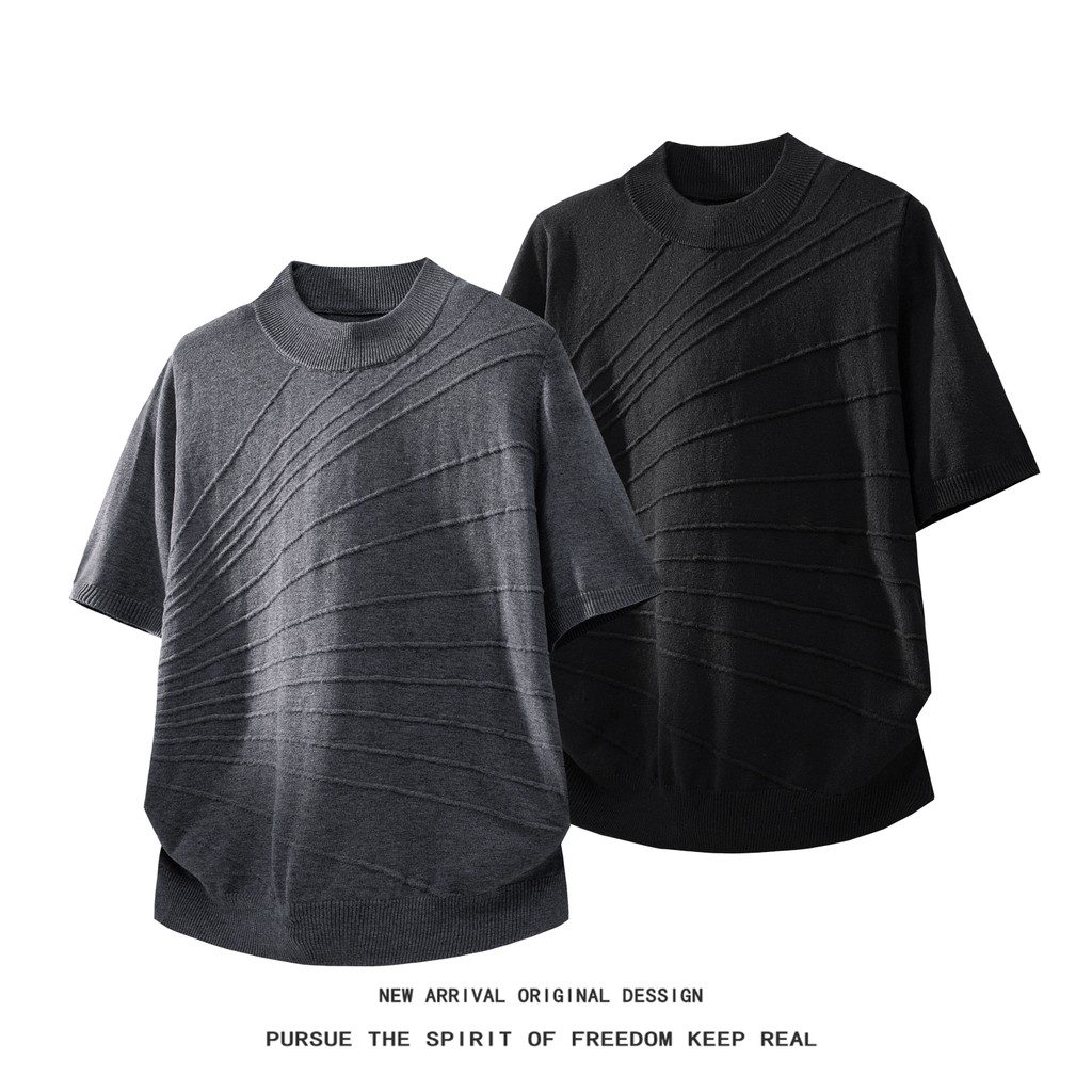 American Retro Loose-Line Sculpture Jacquard คอสั้นแขนเสื้อผู้ชายผู้หญิงฤดูร้อน Breathable All @