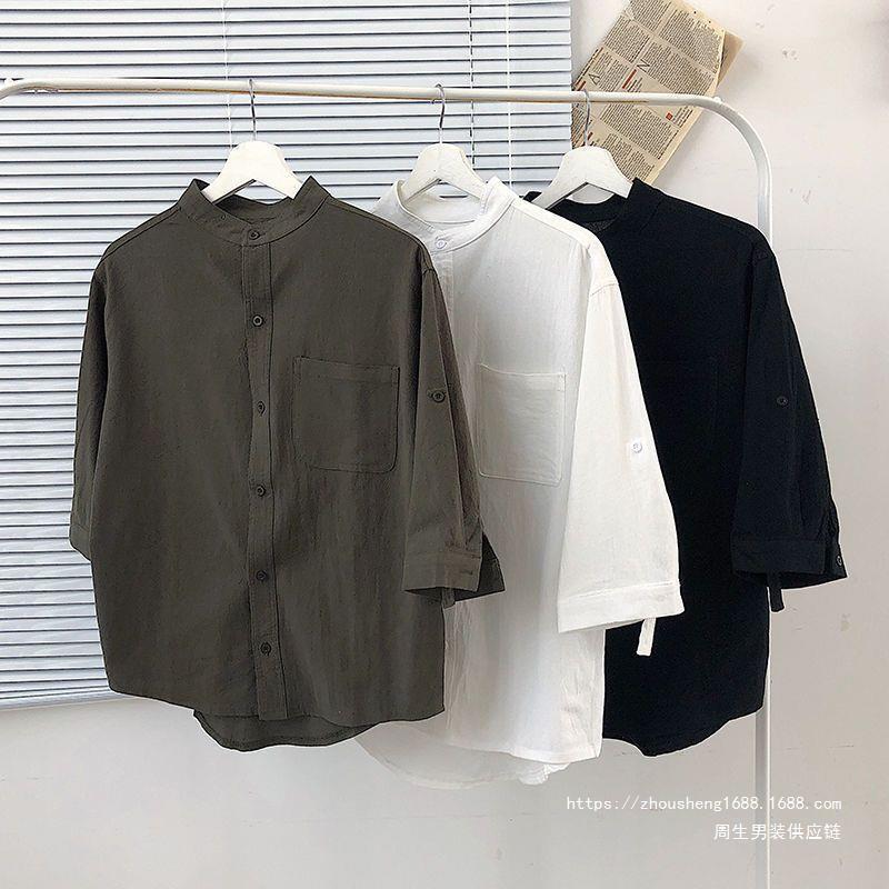 Ramie Mens Asian Cropped Shirt Cloth Youth Casual Cotton Shirt Mens Post 7.19