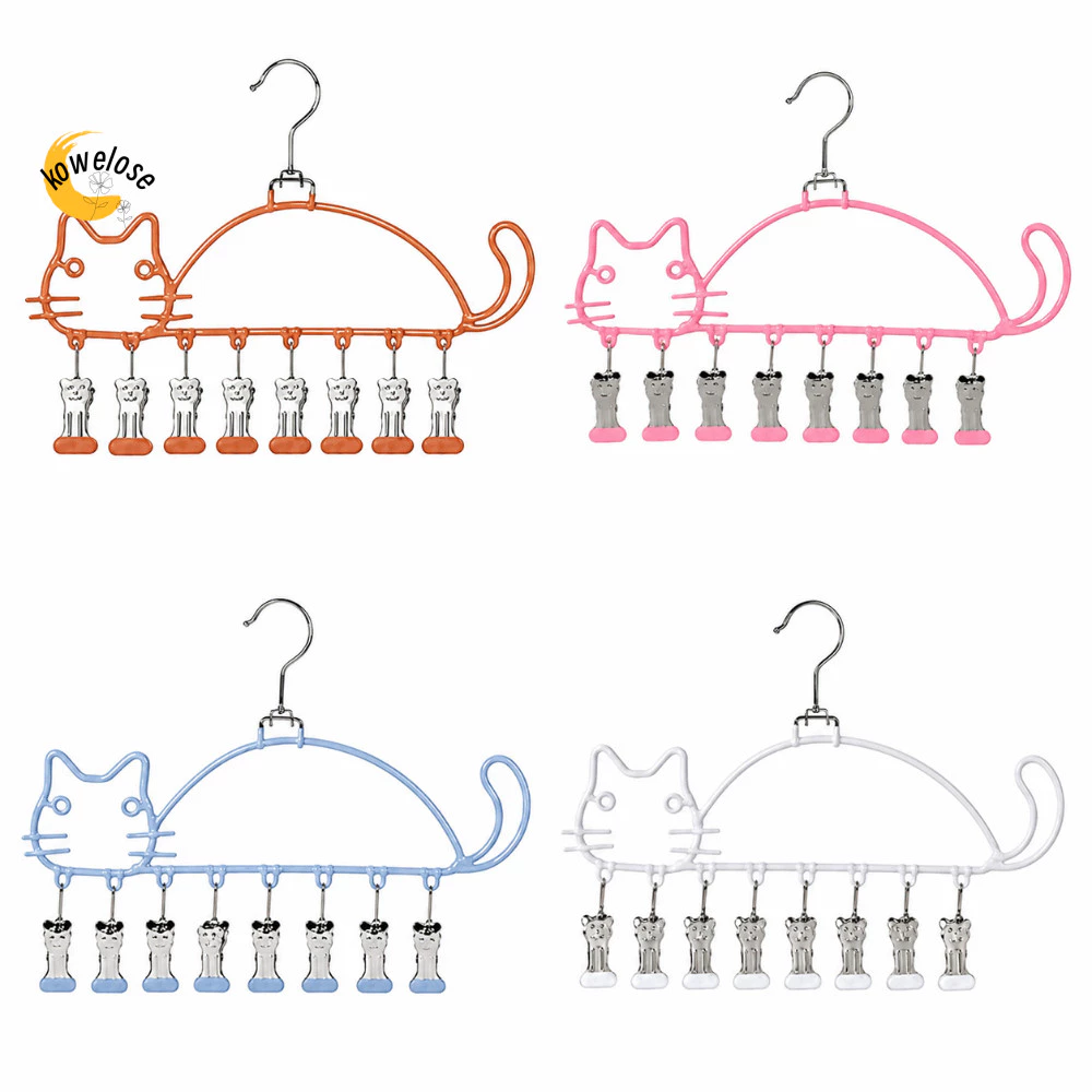 KOWELOSE ราวตากผ้า รูปทรงแมว 8 คลิป ความจุ ไม้แขวนเสื้อชั้นวางถุงเท้ากันน้ํากันลมโลหะทนทาน ระเบียงอบแห้ง
