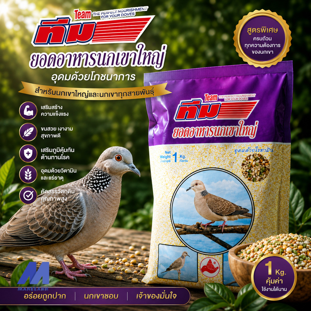 TEAM Spotted Dove Food อาหารนกเขาใหญ่ เสียงดี ขนสวย แข็งแรง สุขภาพดี 1 Kg.