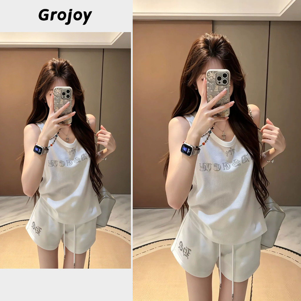((คลังสินค้าพร้อม) 2026 Ladies Suit สไตล์เกาหลี Sweet Cool Hot Diamond Drawstring All-Match T-Shirt+กางเกงลําลอง [Grojoy] GL0216 #