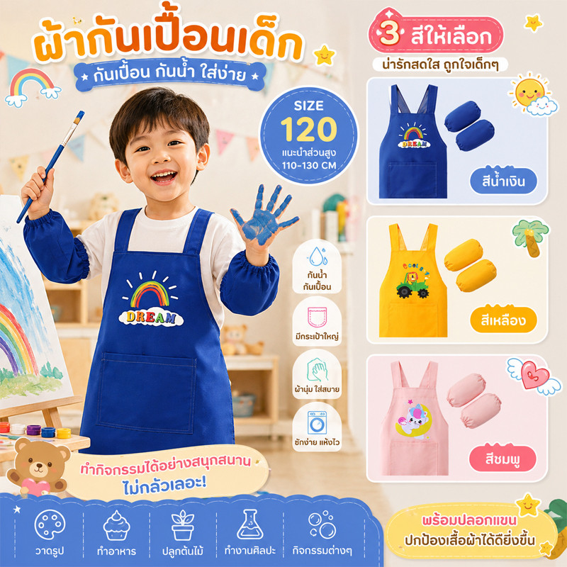 ผ้ากันเปื้อนเด็ก ชุดผ้ากันเปื้อนเด็กป้องกันน้ำ มาพร้อมปลอกแขนสีเดียว ทนทาน มีกระเป๋าเก็บอุปกรณ์ ล้างง่าย