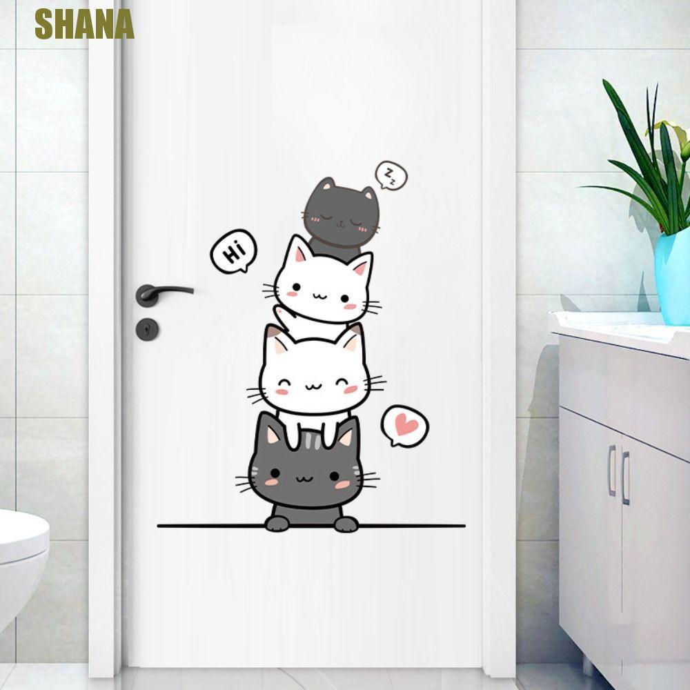 SHANA Cat สติ๊กเกอร์ติดผนัง, สติ๊กเกอร์ติดผนังลายการ์ตูน PVC, หน้าต่างวอลเปเปอร์มีกาวในตัวที่สร้างสรรค์แบบถอดได้ศิลปะ