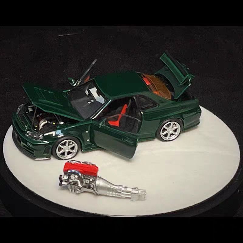 PGM 1: 64 Nissan Nissan GTR R34 Z-TUNE British Green Alloy Full Open รถจําลองรุ่น