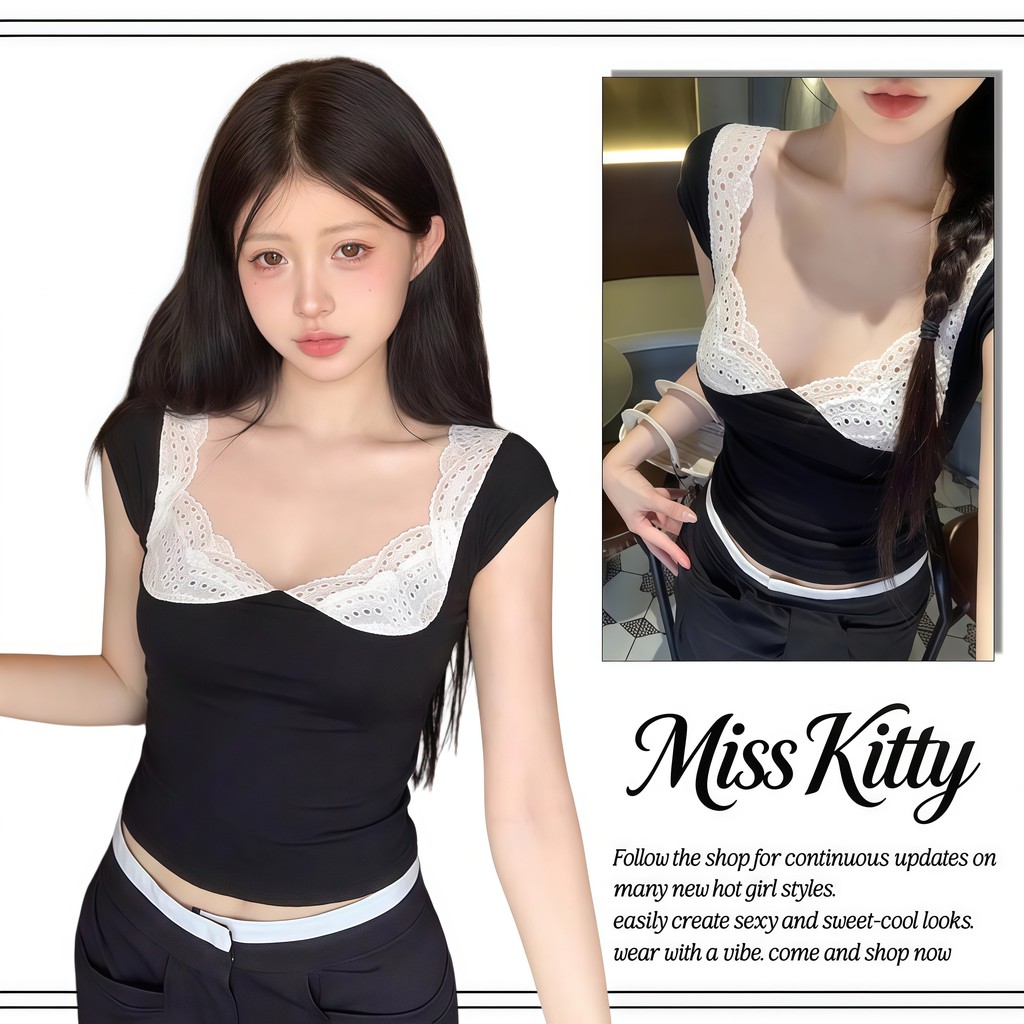 Miss Kitty พร้อมส่ง เสื้อผู้หญิงคอวีแขนสั้นผ้าลูกไม้ เข้ารูป ทำให้ดูผอม เซ็กซี่ สไตล์เกาหลี-A2461