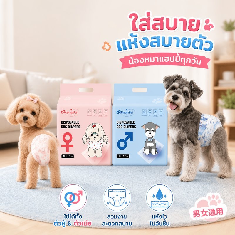 ผ้าอ้อมสุนัข ผ้าอ้อมหมา แพมเพิสสุนัข ซึมซับดี กันรั่ว ระบายอากาศ เพศผู้ เพศเมีย