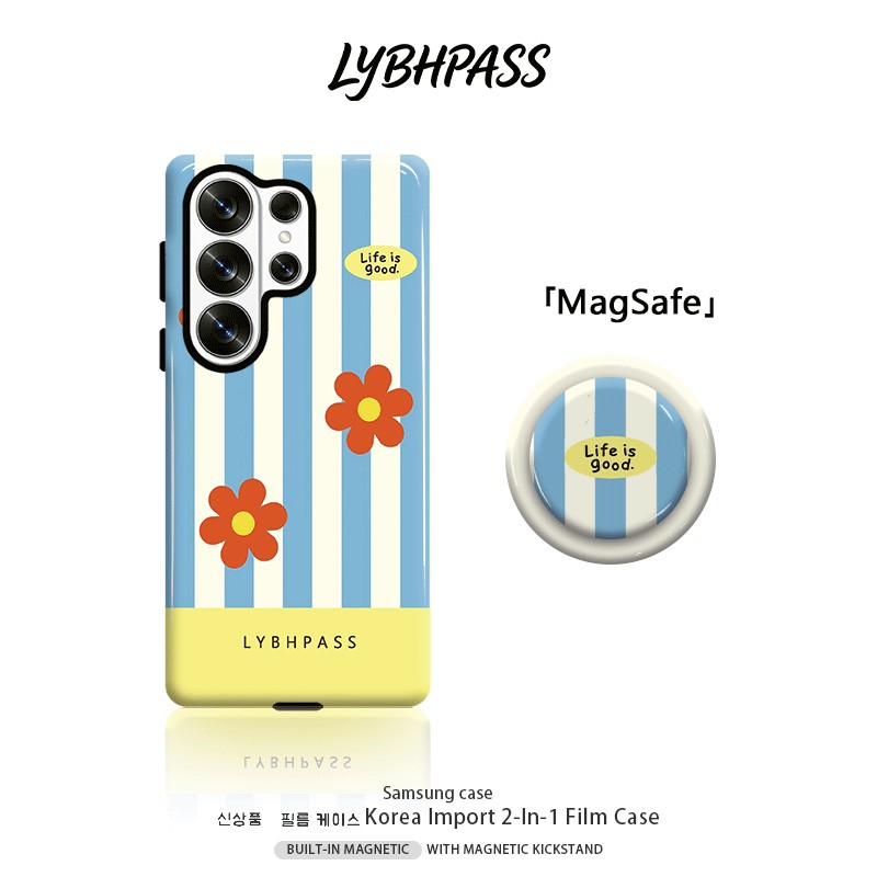 คสซัมซุง+มีขาตั้งแม่เหล็ก แม่เหล็ก MagSafe ลายแถบตั้งสีฟ้าขาว ดอกไม้เล็ก สไตล์สด ขอบ2ชั้น เคส Samsung galaxy s20 fe s21 s22 plus s23 s24 s25 edge s26 ultra note20 ultra A07 A17 A27 A37 A54 A55 A56 A57 5G เปิดเลนส์ กันกระแทก โทรศัพท์ มือถือ case