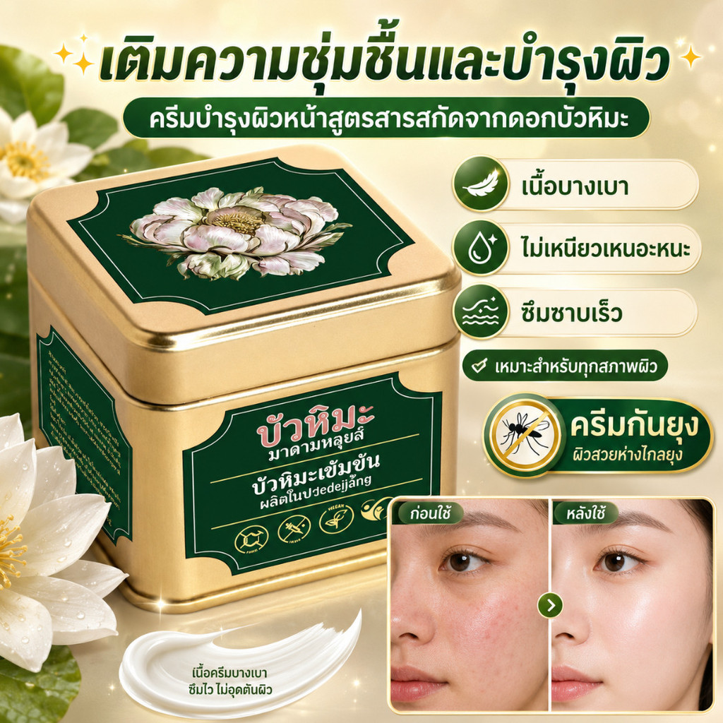 ✨เติมความชุ่มชื้นและบำรุงผิว✨ ครีมบำรุงผิวหน้าสูตรสารสกัดจากดอกบัวหิมะ/ครีมกันยุง/เนื้อบางเบา ไม่เหนียวเหนอะหนะ ซึมซาบเร็ว เหมาะสำหรับทุกสภาพผิว