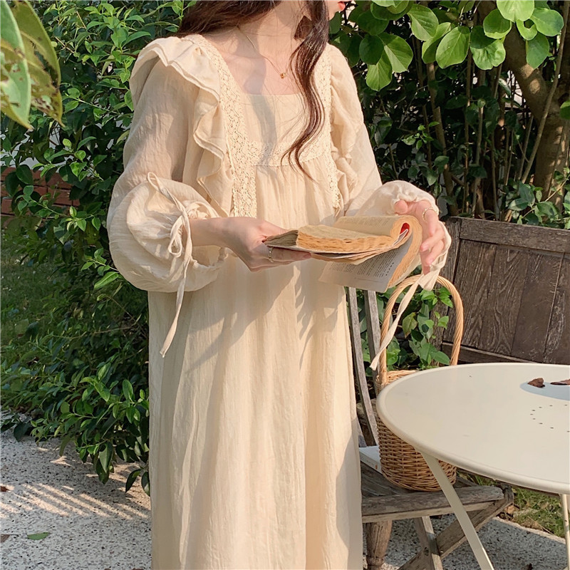 แขนยาว Nightgown ผู้หญิงหวาน Ruffle Tie Vintage Pyjama ชุดชุดนอน