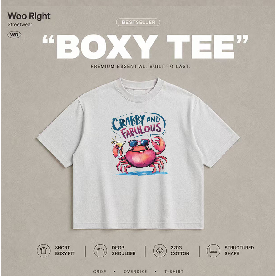 เสื้อยืดสีขาว CRABBY AND FABULOUS ลายปูวาดมือ สไตล์ลำลองน่ารัก