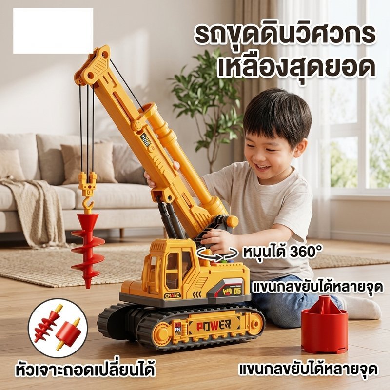 ของเล่นรถงานโยธา รถขุดใหญ่ แขนกลขยับตามปุ่ม เสียงเพลงเด็ก คอนโซลหมุน 360 สว่านหมุนถอด ตอกเสาเข็มถอด