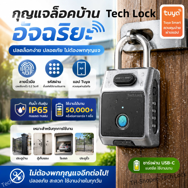 Tuya กุญแจล็อคบ้านอัจฉริยะ ปลดล็อคด้วยลายนิ้วมือ/รหัส/แอป ทนแดดทนฝน กันน้ำ IP65 ไม่ต้องพกกุญแจ