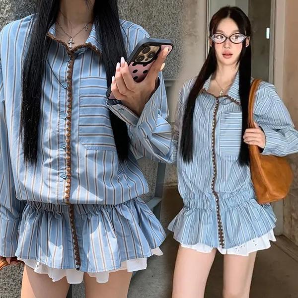 mimi&didi เสื้อเบลาส์ย้อนยุคสำหรับผู้หญิง ฤดูใบไม้ร่วง สไตล์เกาหลี ลายทางสีเทาและสีน้ำเงิน เสื้อเชิ้ตแขนยาว-99557