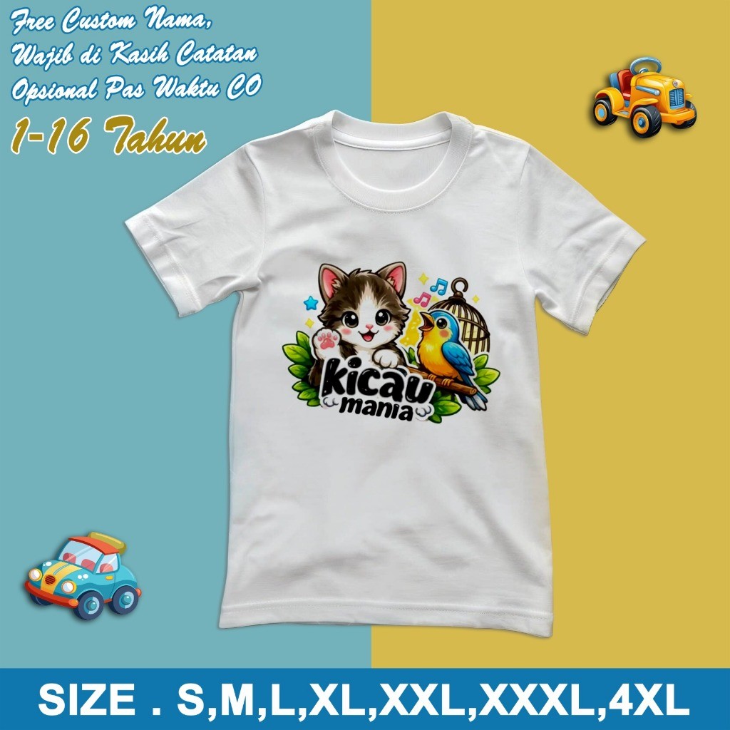 เสื้อยืดเด็กลาย Kicau Mania, CAN CUSTOMIZE NAMES, Viral Boys and Girls Tops, Sizes S, M, L, XL, XXL,