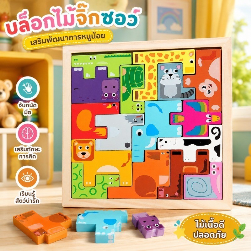 บอร์ดบล็อกปริศนา ปริศนาไม้ 3D สเตอริโอ เตตริส สัตว์น่ารัก บล็อกปริศนาสำหรับเด็ก ของเล่นปริศนาสำหรับเด็ก