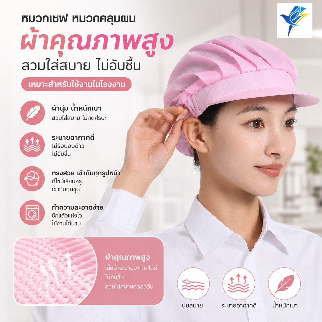 หมวกอุตสาหกรรมเหล่านี้เหมาะอย่างยิ่งสำหรับงานแปรรูปอาหารและงานโรงงาน ผลิตจากผ้าฝ้ายคุณภาพสูง มีปีกหมวกและผ้าตาข่าย