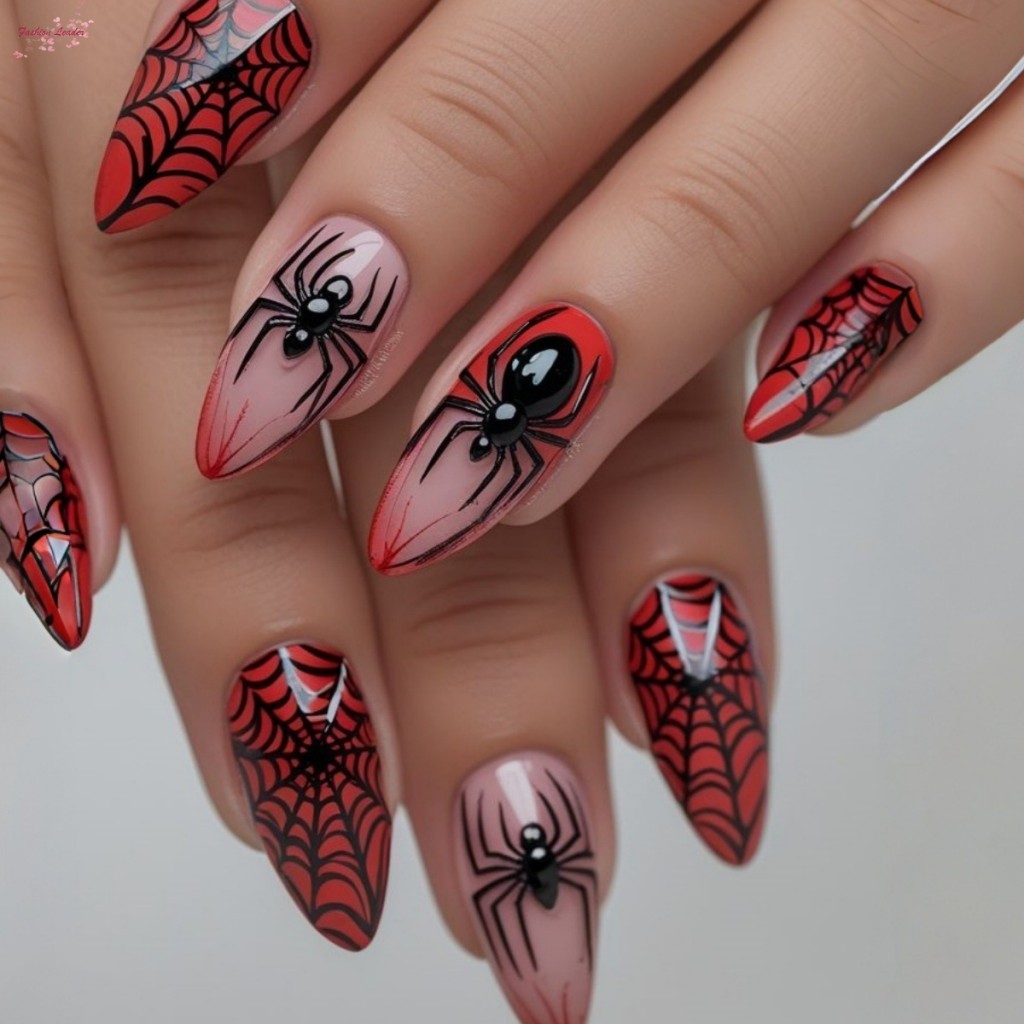 ฮาโลวีนสีดําสีแดง 3D Spider Web เล็บปลอม - 24 ชิ้นแฟชั่นกดบนเล็บ
