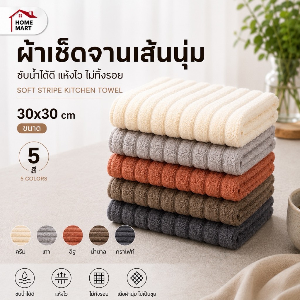 HOMEMART ผ้าเช็ดจานเส้นนุ่ม 30x30 ซม. ซับน้ำดี แห้งไว ไม่ทิ้งรอย เนื้อผ้านุ่ม ไม่เป็นขุย ซักเครื่องได้ มี 5 สี