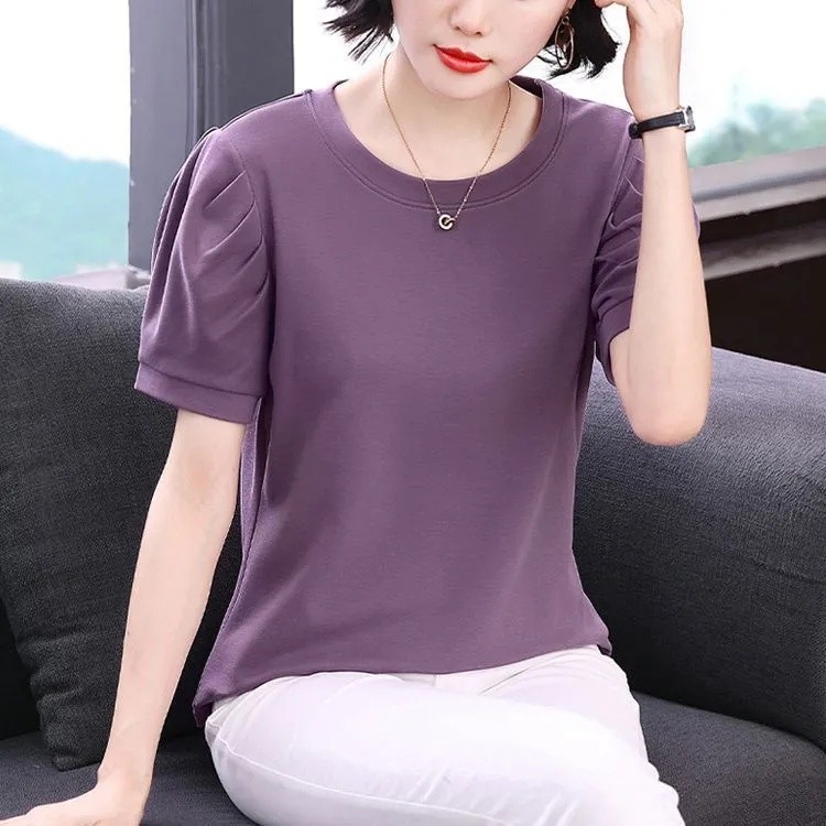 XUHENJIAN ใหม่ GHG Plus ขนาดผู้หญิงฤดูร้อน Classy รอบคอจีบแขนสั้นเสื้อยืด 2026 ไขมัน mm ครอบคลุมเนื้